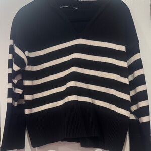 Zara Black and Cream Striped V-Neck Sweater